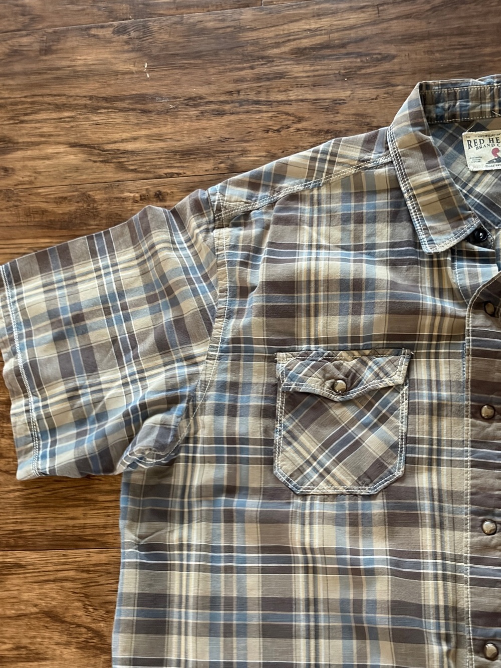 RedHead Men’s Short-Sleeve Plaid pearl snap Shirt in Brown and Blue